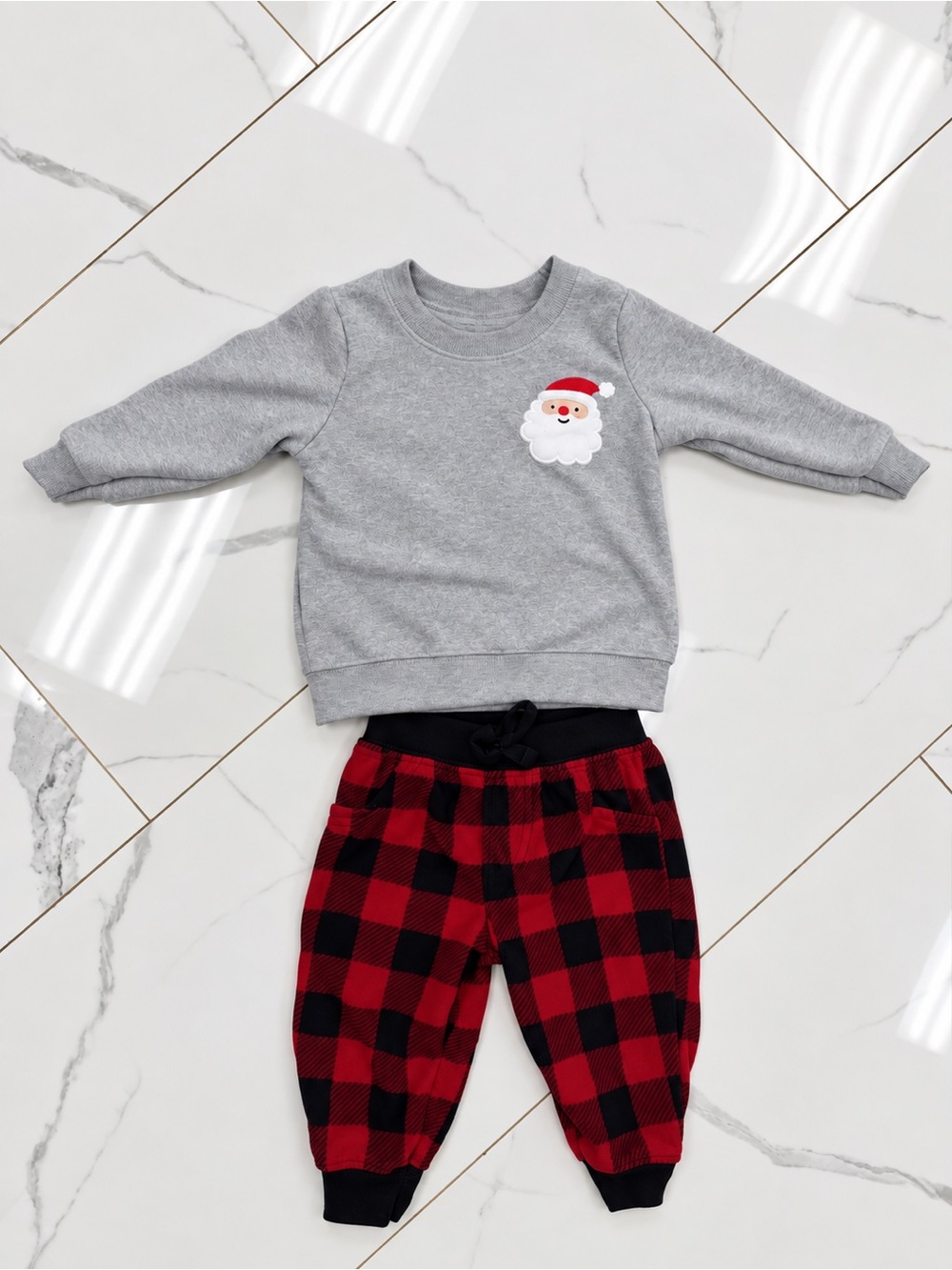 Carter's Grey Sweatshirt with Santa & Red Black Buffalo Plaid Pajama Set